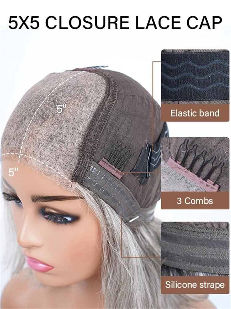 300% Density 5x5 Closure Wig Salt & Pepper ig Human Hair Salt & Pepper Gray Color Pre-Cut Straight Lace Frontal Wig For Women