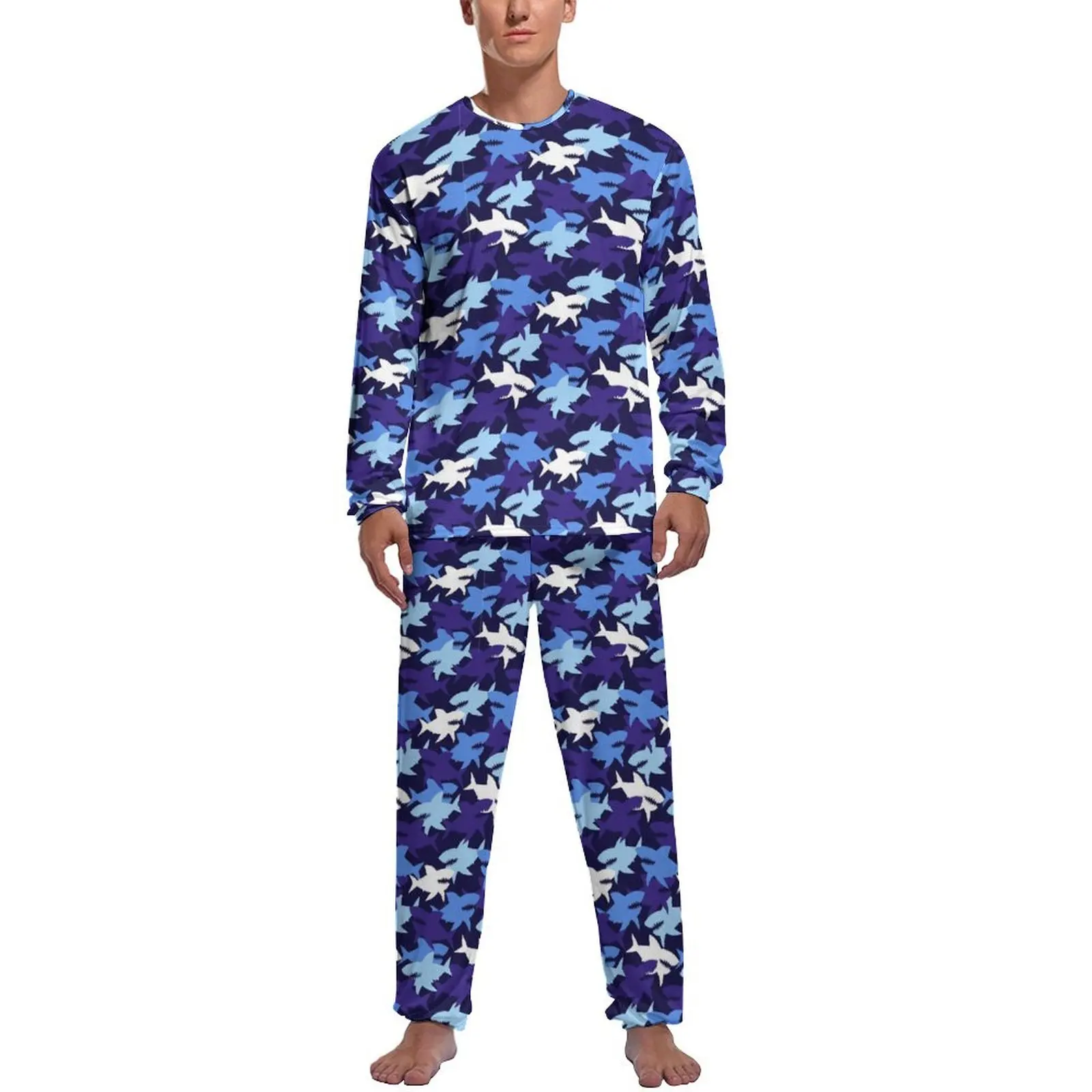 thumbnail image 1 of Pijama de tiburón abstracto de primavera de dos piezas con estampado animal colorido, conjunto de pijama cálido para hombre, ropa de dormir gráfica de manga larga para el hogar, 1 of 5