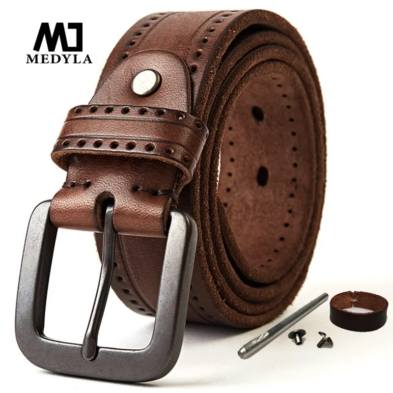 

MEDYLA Natural Leater Belt Men's ard Metal Matte Buckle Men's Oriinal Leater Belt 105-150cm Jeans Belt Screw Accessories