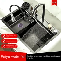 2024 Kitchen Sink 304 Stainless Steel Waterfall Kitchen Sink Black Large Single Bowl With Multifunction Touch Waterfall Faucet 2