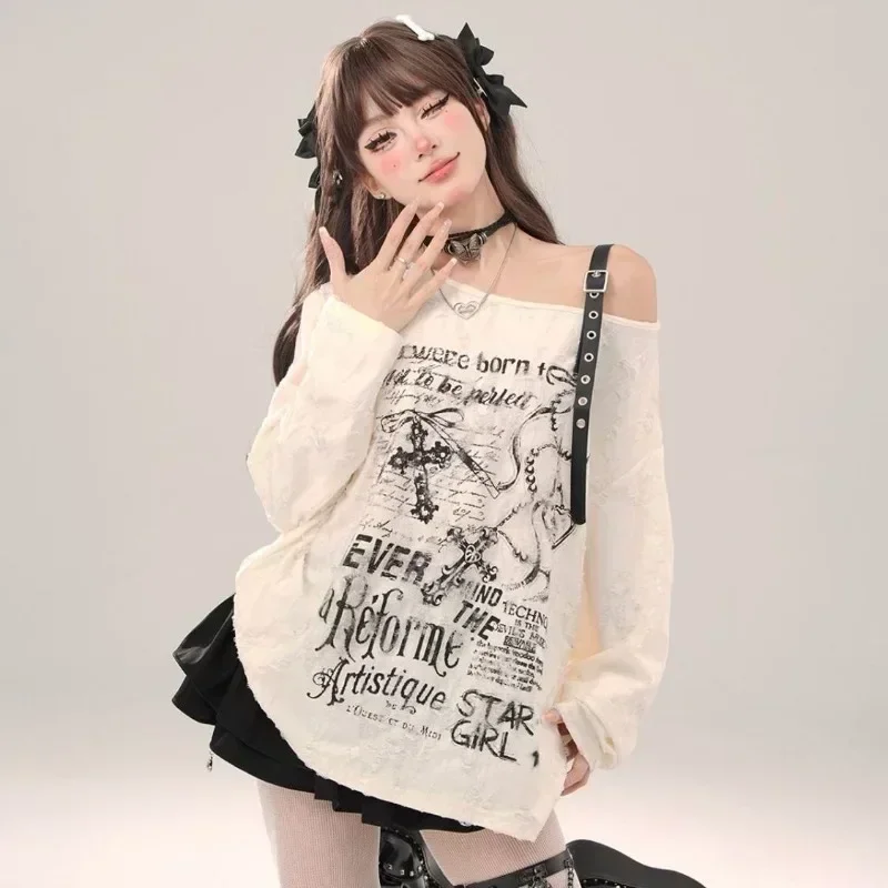 Grunge Gothic Off Shoulder Graphic T Shirts Women Y2k Clothes with Buckle Hollow Out Women Top Long Sleeve T-shirt Summer Autumn 1