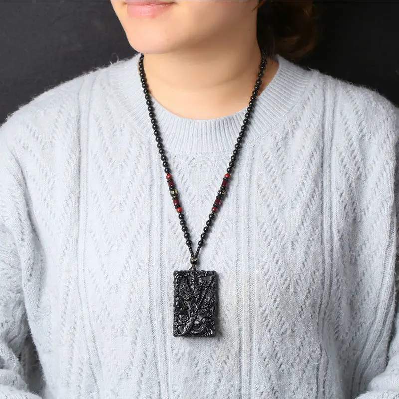 Double-sided Carved Natural Obsidian Guan Gong Pendant Men's Necklace Wu God of Wealth GuanYu Necklace Luxury High-grade Jewelry