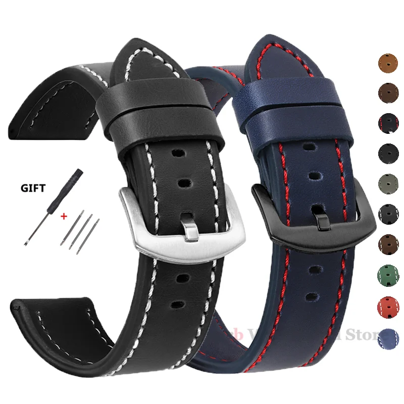 Vintage Leather Sport Watch Band with Stainless Steel Buckle - Premium Watch Accessory