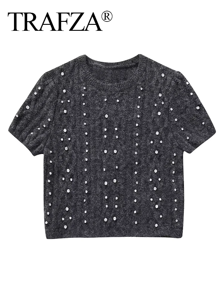 

TRAFZA Autumn Elegant Women Warm Casual Sweater Fashion Woman Beaded Cropped Knit Pullovers Grey O-Neck Short Sleeve Slim Tops