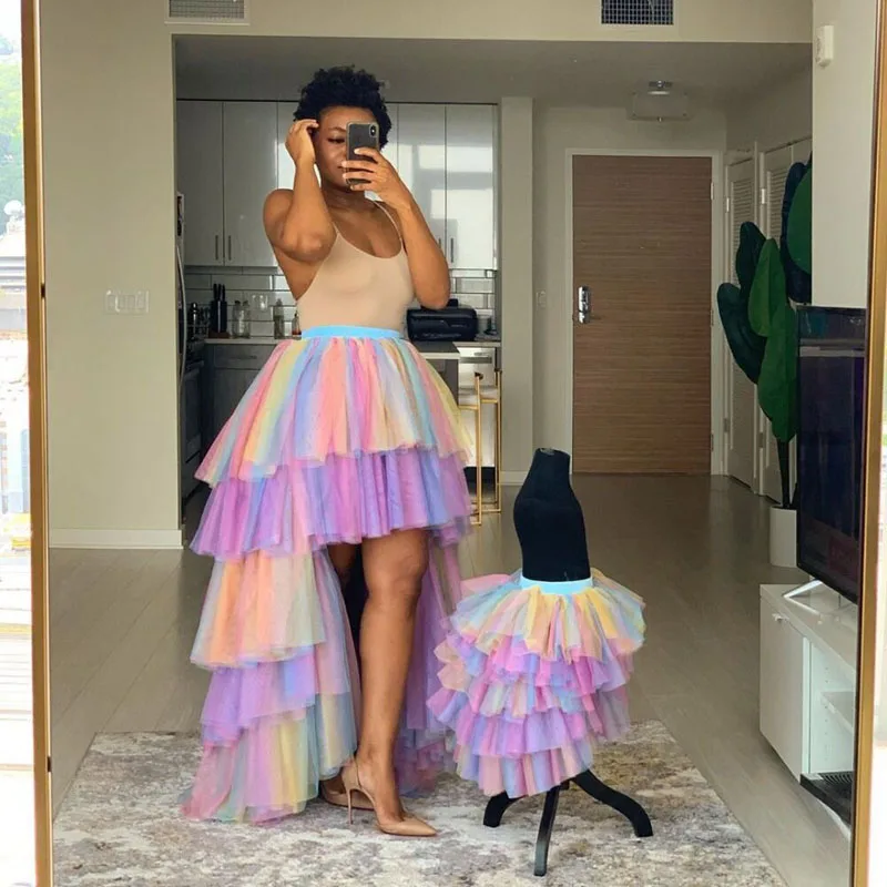 

Colorful Rainbow Mother And Kids Tulle Dress High Low Puffy Mom And Daugher Tiered Tutu Birthday Gowns For Photo Shoot Custom