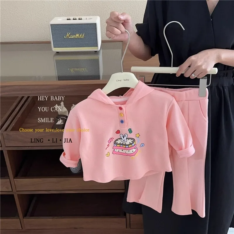 

2023 Korean Spring Autumn Kids Girls Clothes Set Cotton Solid Flared Pants Suit Button Hoodie Cartoon Shirt Children Girl Outfit