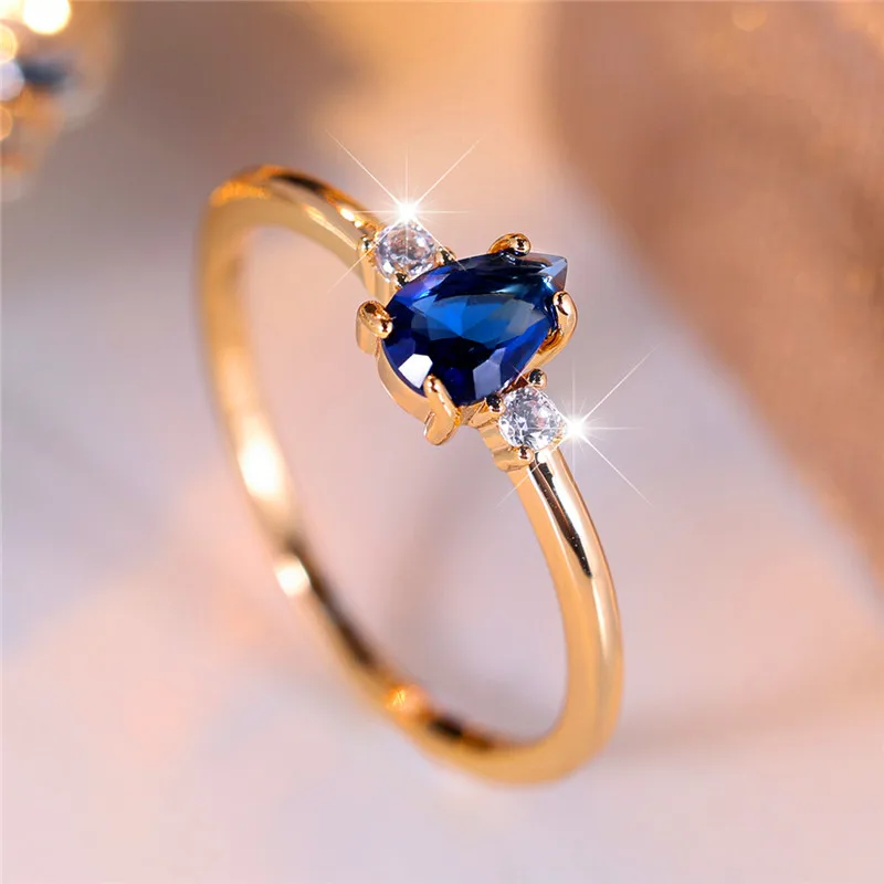 Luxury Female Small Blue Water Drop Zircon Stone Engagement Ring Trendy Gold Color Bride Wedding Jewelry Gift For Women