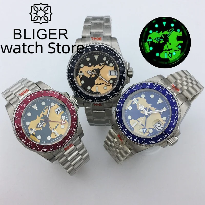 Bliger Nh34A Orologio Automatico Per Uomo 40Mm Quadrante Luminoso Completo Gmt Vetro Zaffiro Funzionale Jubilee/Oyster Type/President Bracele