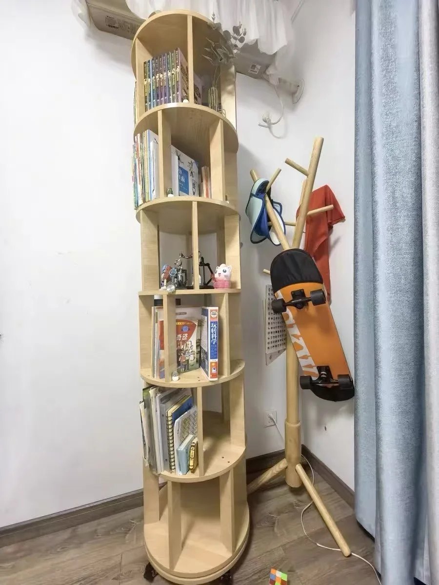 Solid Wood Rotating Bookshelf with Wheels Spinning Bookcase for Home Office Furniture Shelf Easy Assembly Wooden Furniture - Image 6