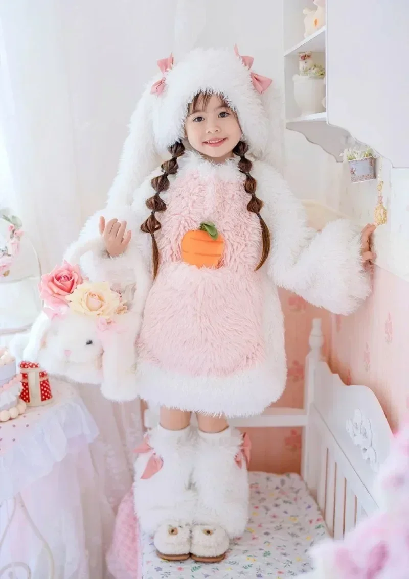 Children's Fashion Rabbit Plush Set with Bow Elements Winter New Cute Long Eared Hat Sweater Shorts Leg Set Rabbit Baby 4