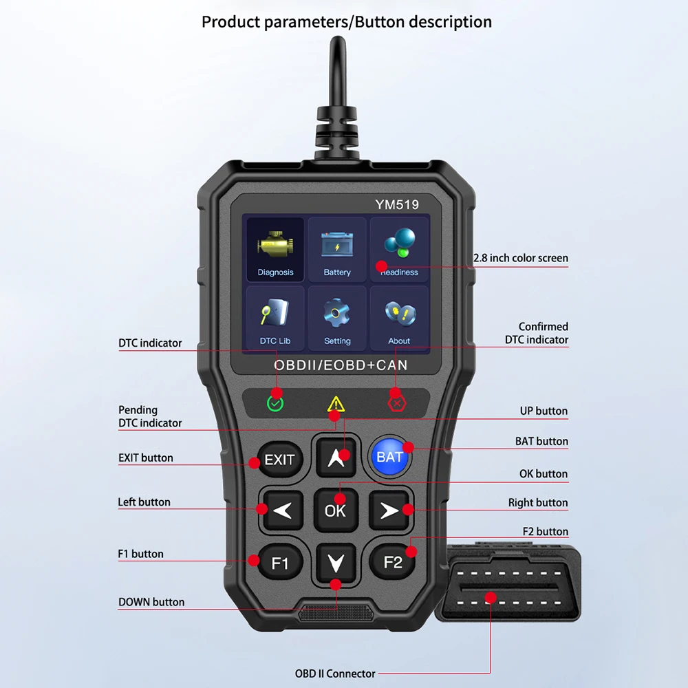 YM519 Check Engine System OBD2 Code Reader Multi-language Code Reader Battery Tester Fault Code Scanner Car Diagnostic Tool 6