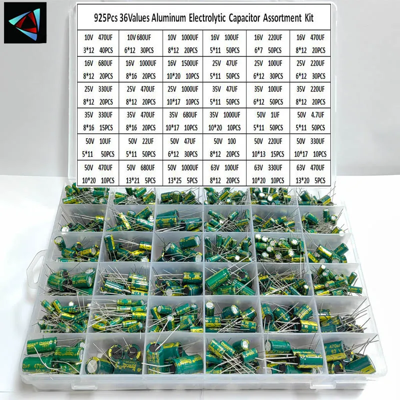 925Pcs 36 값 알루미늄 전해 커패시터 분류 키트 낮은 ESR 1uF 4.7uF..