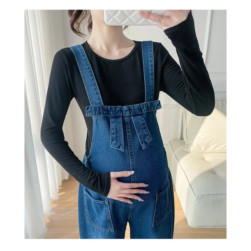 pregnant women's denim clothes sets black long sleeve T-shirt jumpsuits two-piece set vintage maternity jeans suits