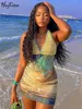 Hugcitar 2024 Spring Halter Knitted Scenery Print Backless Lace Up Sexy Mini Dress Women Fashion Clothes Beach Vacation Party 3