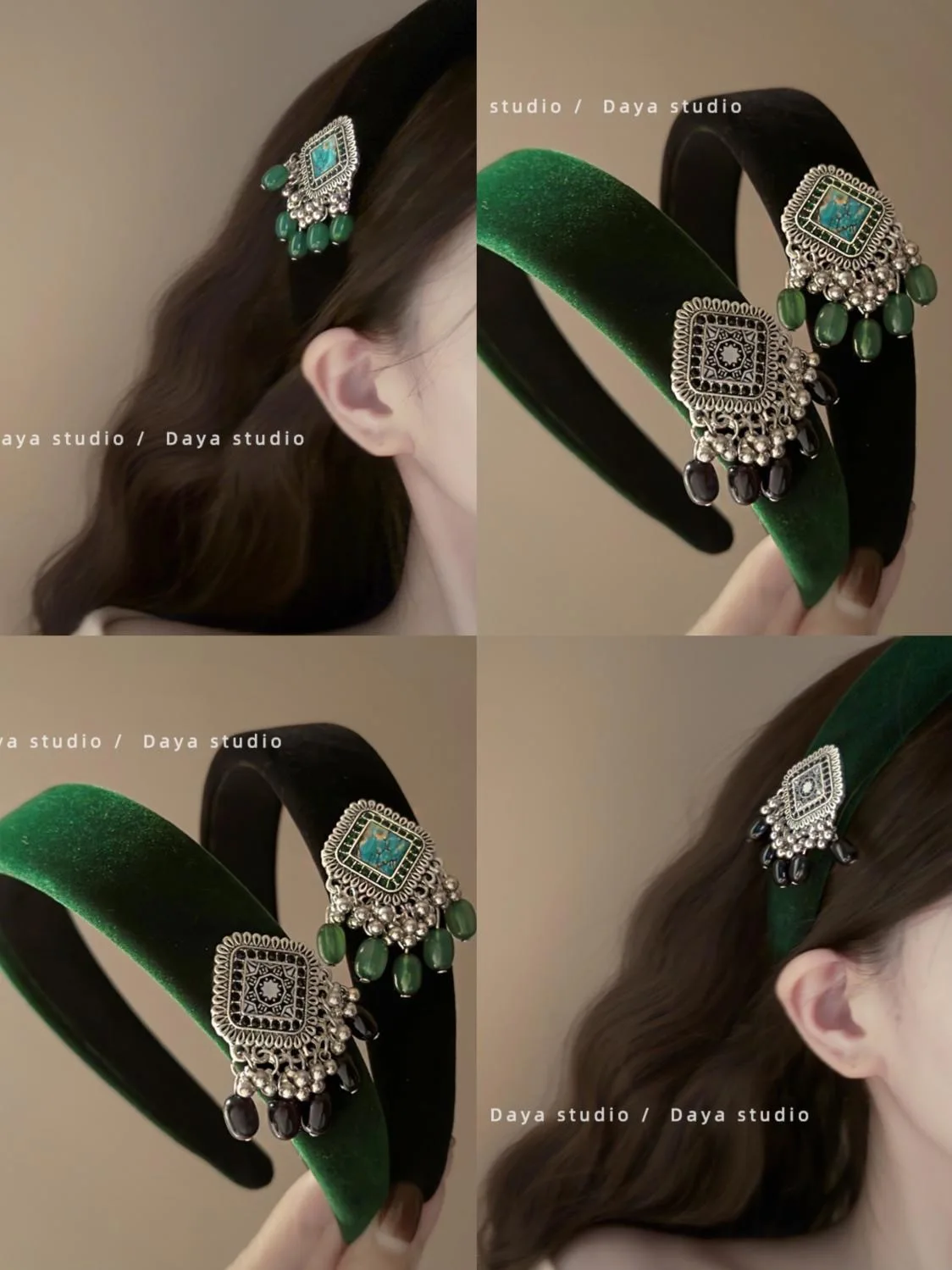 Bohemian Retro Grün Velours Stirnband Barock Anhänger Quasten Kopfbedeckung Metall Blume Haarband für Frauen Vintage Haar Zubehör – Detail 1