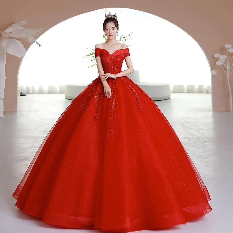 New red off shoulder lady girl women princess banquet party ball prom dress performance gown