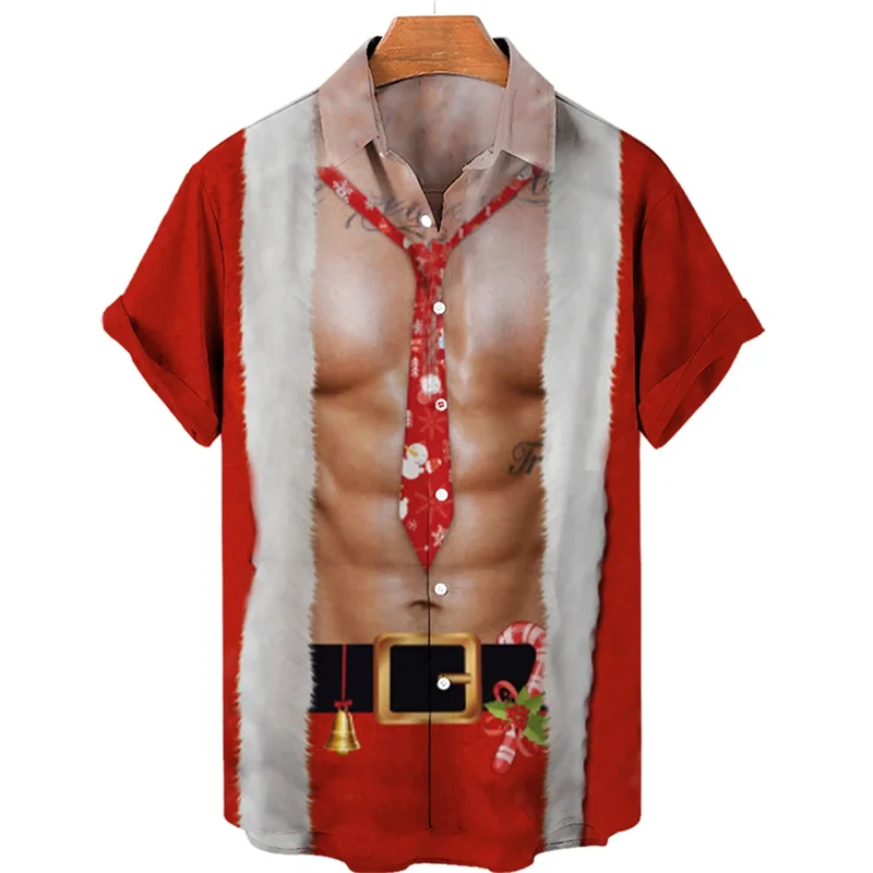 Funny Christmas Uniform Blouses Santa Claus Cosplay Shirts For Men Clothes Xmas Mens Gift Short Sleeve Streetwear Lapel Blouse 3