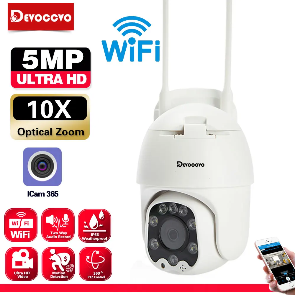 

10X Zoom Wifi PTZ Surveillance Camera Outdoor 5MP Auto Tracking Speed Dome IP Camera Color Night Vision CCTV Security Camera 2MP