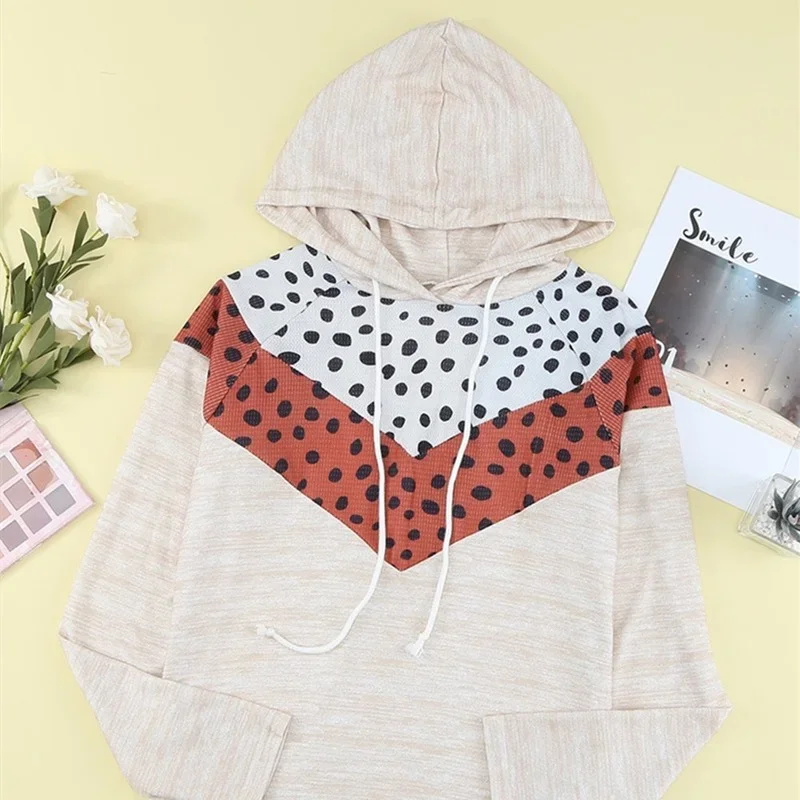 Spring Autumn Fashion Hooded Sweatshirt Apricot Pullover Casual Hoodies for Ladies Long Sleeve Tops Dot Print Patchwork Jumper
