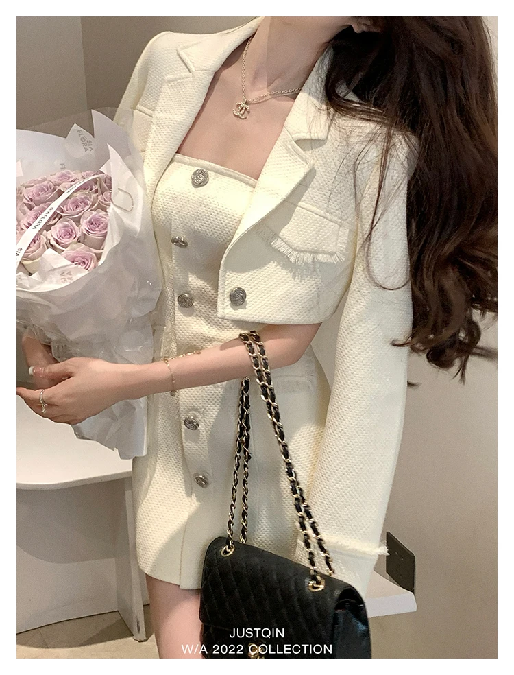 Elegant Autumn New Tweed Two-piece Set Women Long Sleeve Short Jacket Strapless Bodycon Mini Dress Korean Fashion Luxury Outfits