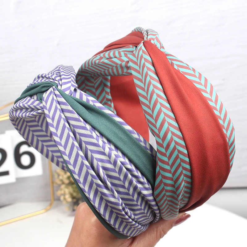 Mode Vintage passende Haar bügel Kontrast farbe breite Kante Presse Haars pange Streifen Knoten Stirnband Twist Damen Haarband Kopf bedeckung – Detail 6