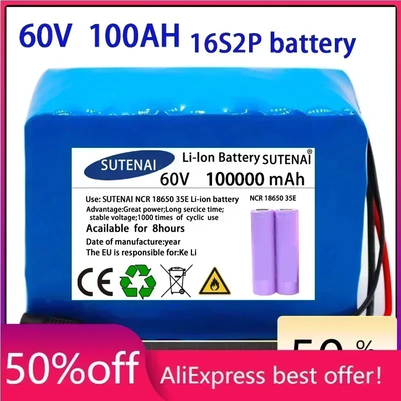 

60V 16S2P 100Ah 18650 Li-ion Battery Pack 67.2V Lithium Ion 101000mAh Ebike Electric bicycle Scooter with 30A BMS 750W 1000Watt