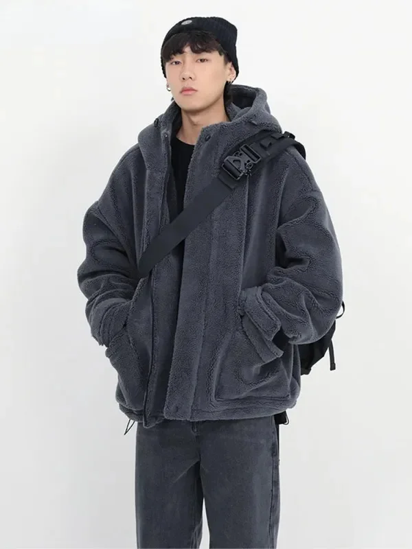

Winter Thick Warm Oversized Dark Grey Sherpa Jacket Men with Hood Zip Up Fluffy Loose Casual Faux Lamb Fur Coat 2023