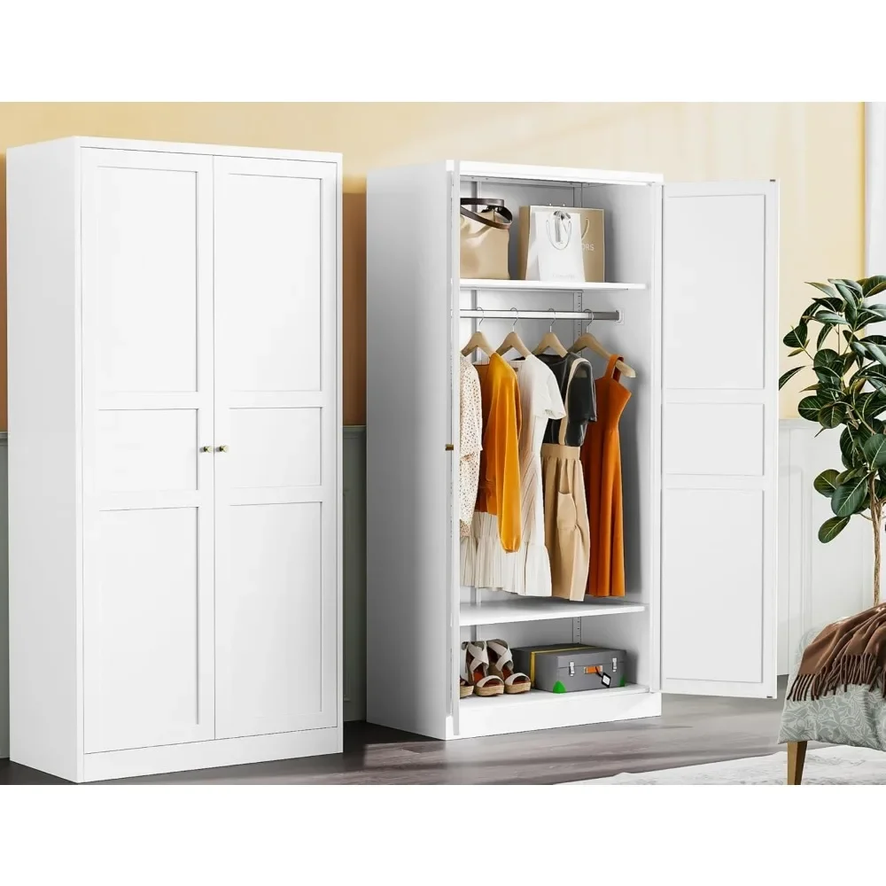 Metal Wardrobe Cabinet with Hanging Rod,White Armoire Wardrobe Closet,Metal Clothing Storage Cabinet with Adjustable Shelves 2