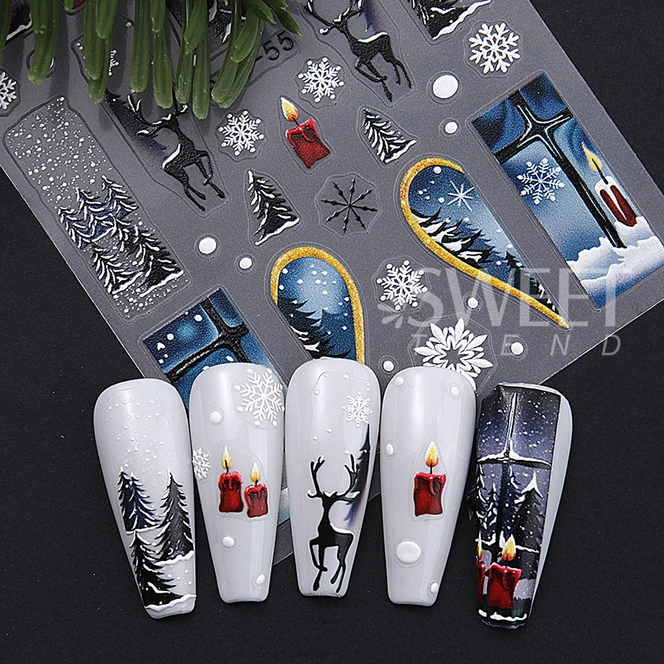5D Embossed Christmas Snowman Snowflakes Nail Art Stickers Cartoon Santa Claus Elk Nail Decal DIY New Year Manicure Decoration