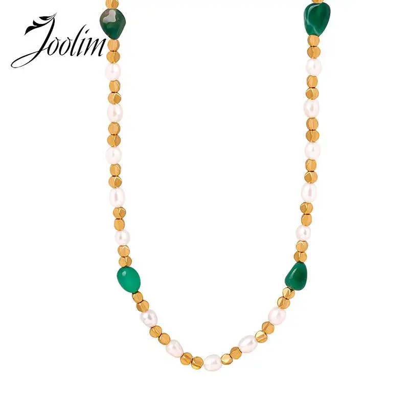 

Joolim Jewelry Wholesale Retro Handmade Natural Green Agate Waterdrop Freshwater Pearl Stainless Steel Necklace for Women