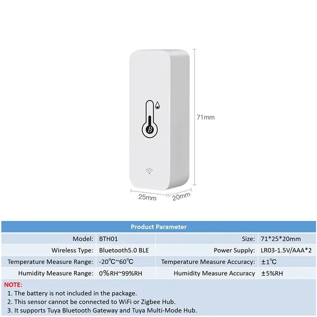 Tuya-Mini Capteur de Température et d'Humidité Sans Fil, Compatible Bluetooth, Télécommande, Therye.com, Hygromètre, 2 Paquets 6