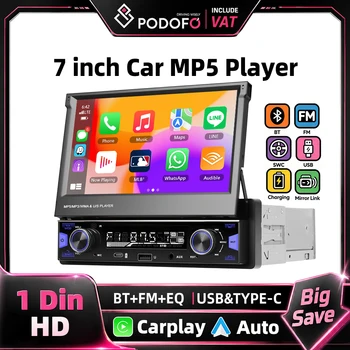 Radio para Auto Podofo de 7 Pulgadas, Reproductor MP5 Universal de Un Solo DIN, Pantalla Táctil Retráctil, CarPlay Inalámbrico, Android Auto, Mirror Link Cableado, USB, EQ, Tipo-C, Reproductor Multimedia, Control del Volante, Radio FM/AM/RDS, Compatible con Cámara de Visión Trasera, Estéreo para Auto 1