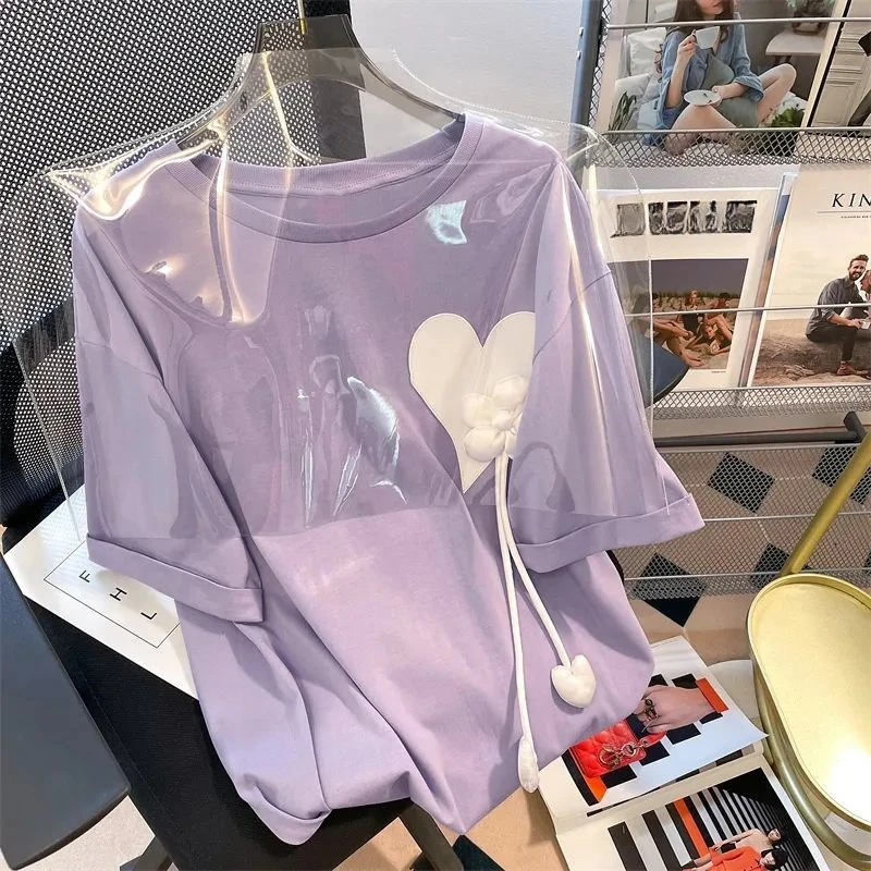 

EBAIHUI 3D Love Purple T-shirt Summer Loose Korean Women's Short Sleeved T Shirt Round Neck Loose Versatile Casual Tee Top