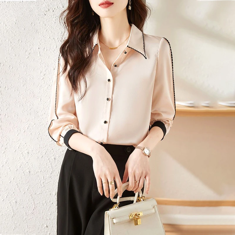 

Blouses Premium Autumn Winter Straight Korean Thin Striped Button Women's Clothing Turn-down Collar Temperament Dignified V458