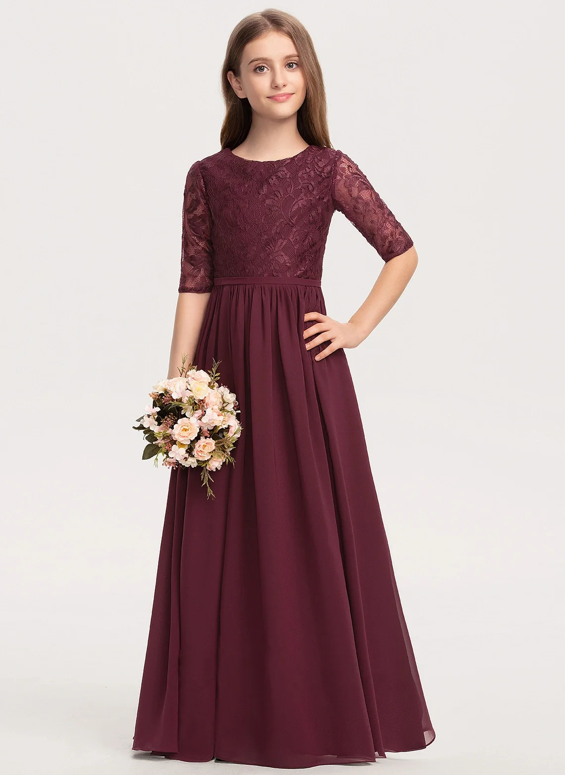 Flower Girl Dresses A-line Scoop Floor-Length Chiffon Lace Junior  Bridesmaid Dress With Pleated First Communion Dress - AliExpress 320