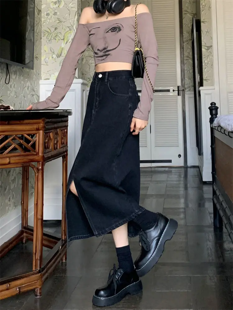 Skirts Women Denim Retro Washed Ulzzang High Waist Streetwear Vintage All-match Front-slit Design Chic Female Student Mid-calf