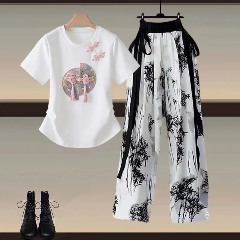 Spring/Summer Women's Set 2024 New Pan Button Hanfu Short Sleeved Top+Ink Leisure Pants Elegant Women's Two Piece Set
