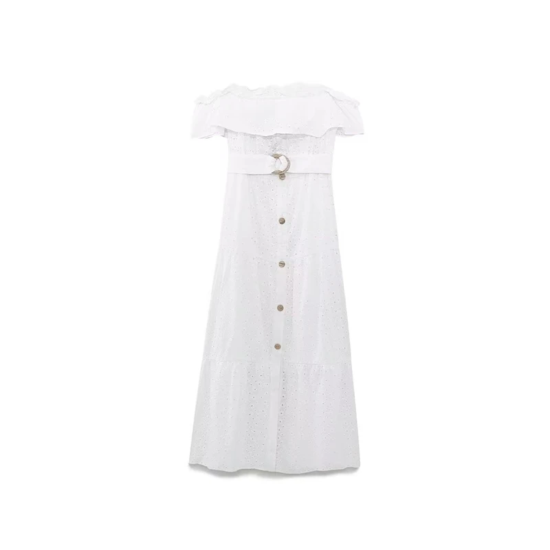 

2023 Summer New Hollow Embroidery Elegant White Single-breasted Tube Top Dress Sexy Backless Ruffled Long Skirt