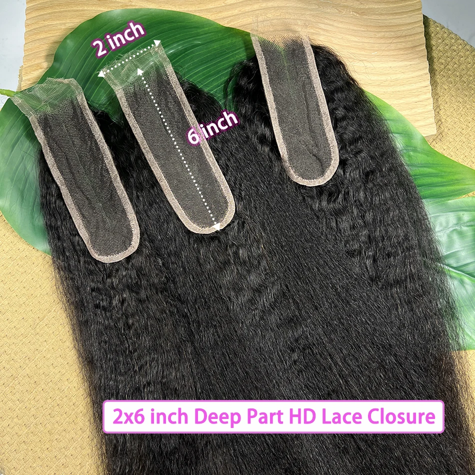 2x6 HD Lace Closure Kinky Straight Human Hair Preplucked Bleached Knots Invisible Lace Natural Color 100% Unprocessed Raw Hair 2