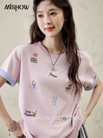 MISHOW Embroidered Casual T-shirt for Women Summer 2025 Short Sleeve Round Neck Shirts Female New Fashion Tops Lady MXE16T0506