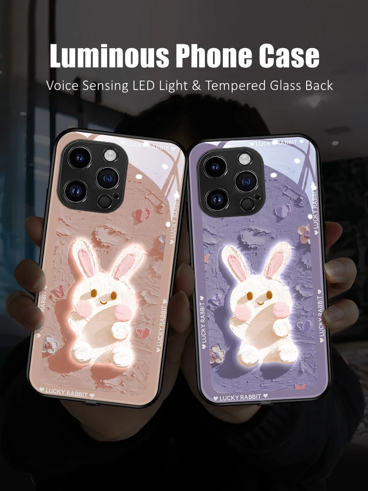 

Cute Paint Bunny LED Light Glowing Luminous Tempered Glass Back Phone Case for iPhone 11 12 13 14 15 X Xs Xr Mini Pro Max Plus