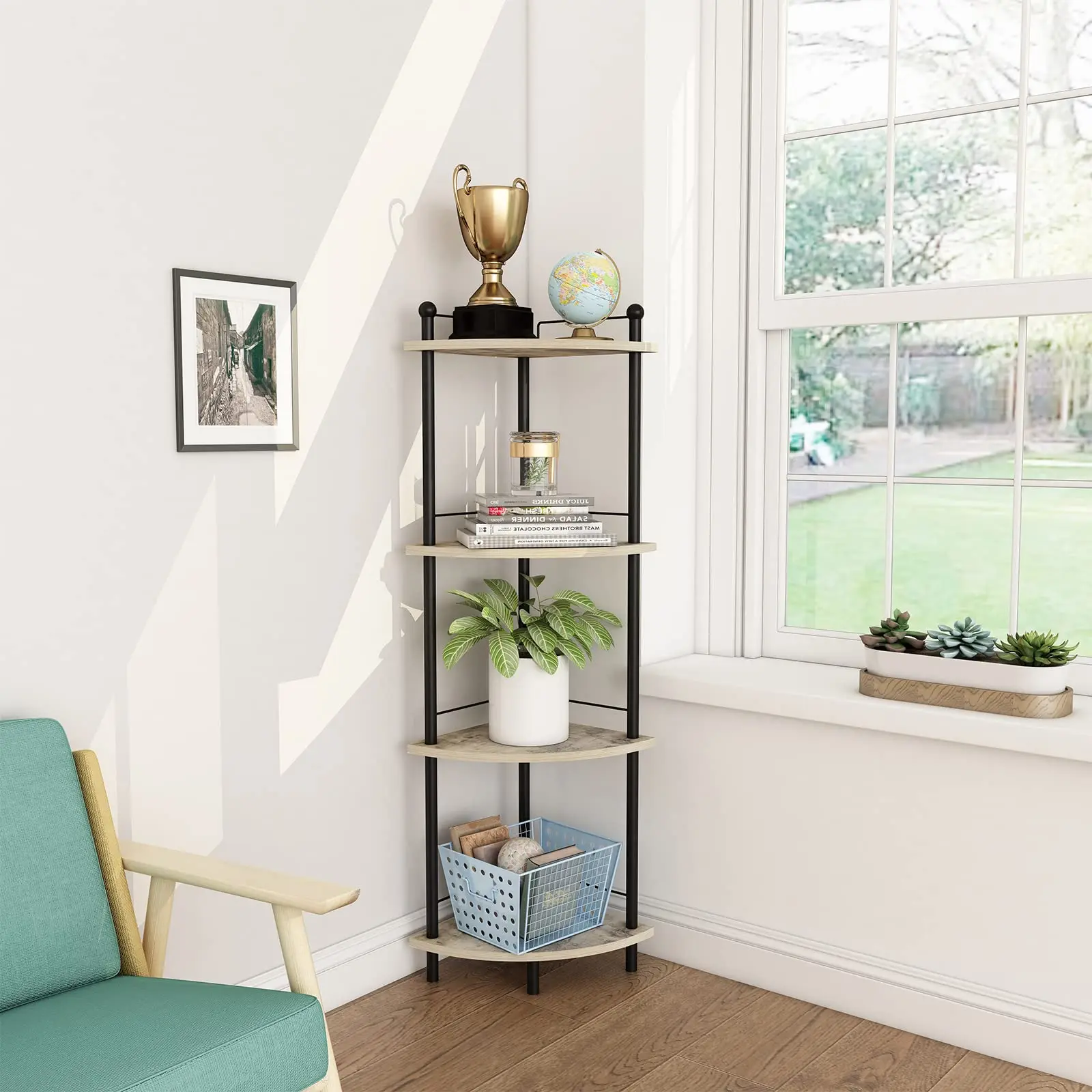 

Industrial Corner Marvel: 4-Tier Free-Standing Corner Shelves, Multipurpose Corner Display Rack