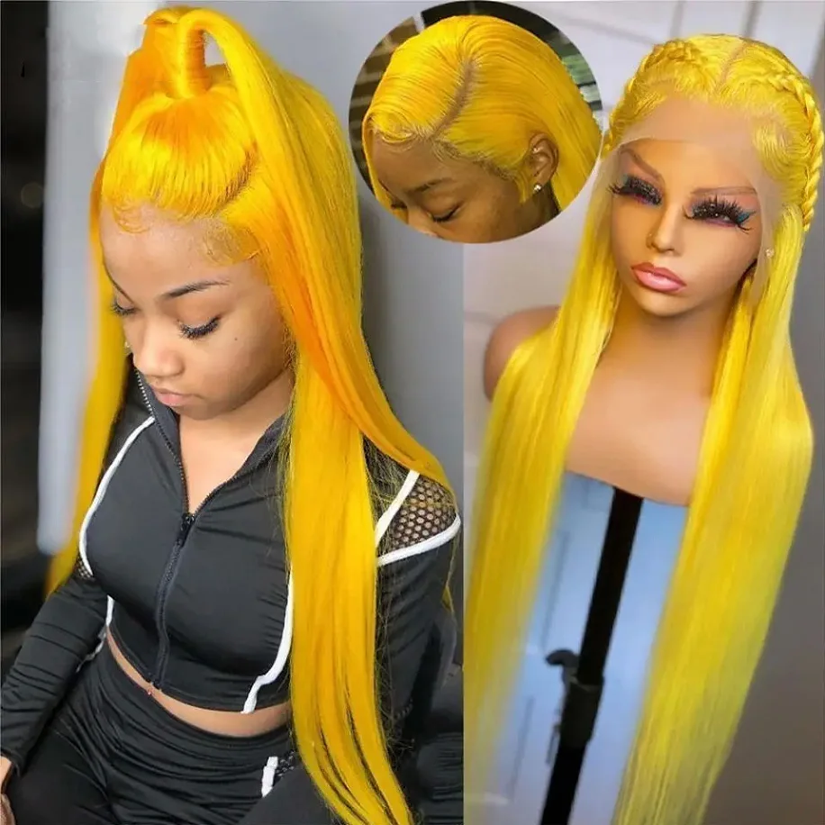 

Bright Yellow Color Long Silky Straight Preplucked Soft 26 Inch 180% Density 99J Wine red Lace Front Wig Fiber