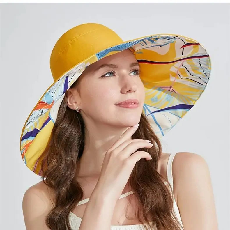 Summer Large Brim Reversible Fisherman's Hat Fashion Simple Printed Sun Shading Sunscreen Hat Female Tide Beach Vacation
