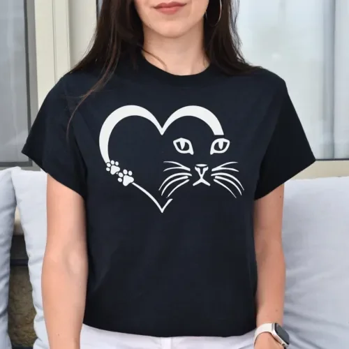 Cat Heart Shirt Love Tee Black Dark Heather Maniche Lunghe O Corte