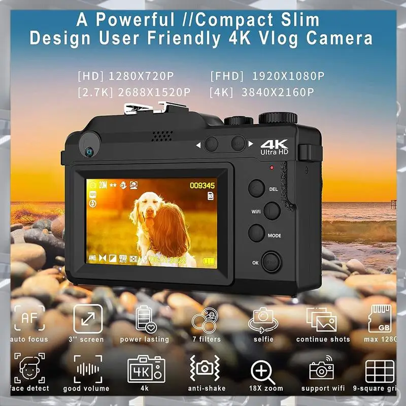 3In 4K Vlog Camera HD Digital Camera For Photography, Dual Cam Front And Rear With Autofocus Face Detect