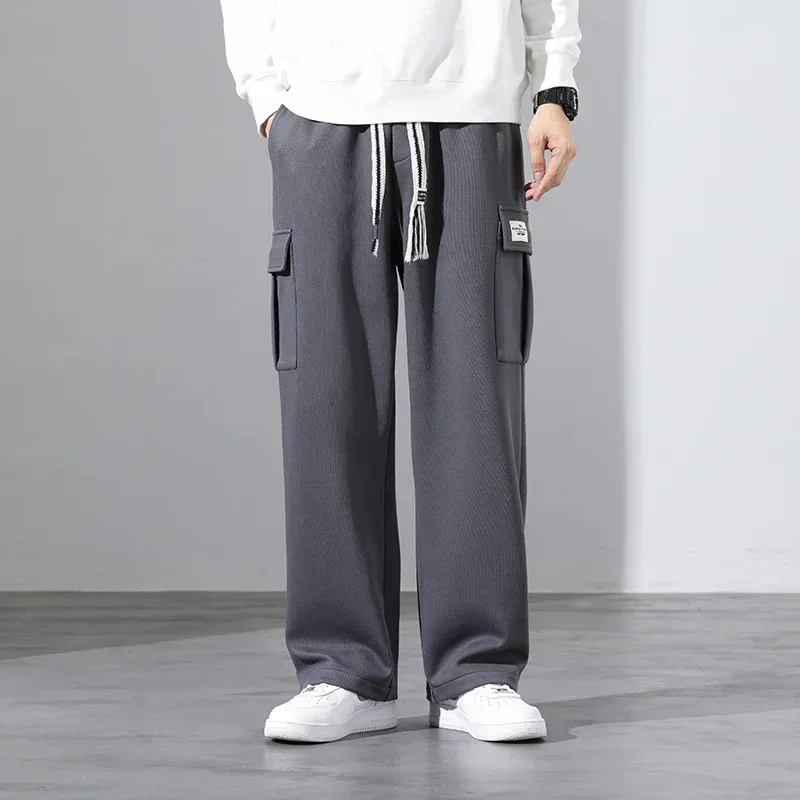 Wide Leg Pants Men Autumn Straight Elastic Waist Baggy Cargo Trouser Male Relaxed Streetwear Sweatpant Plus Size Big