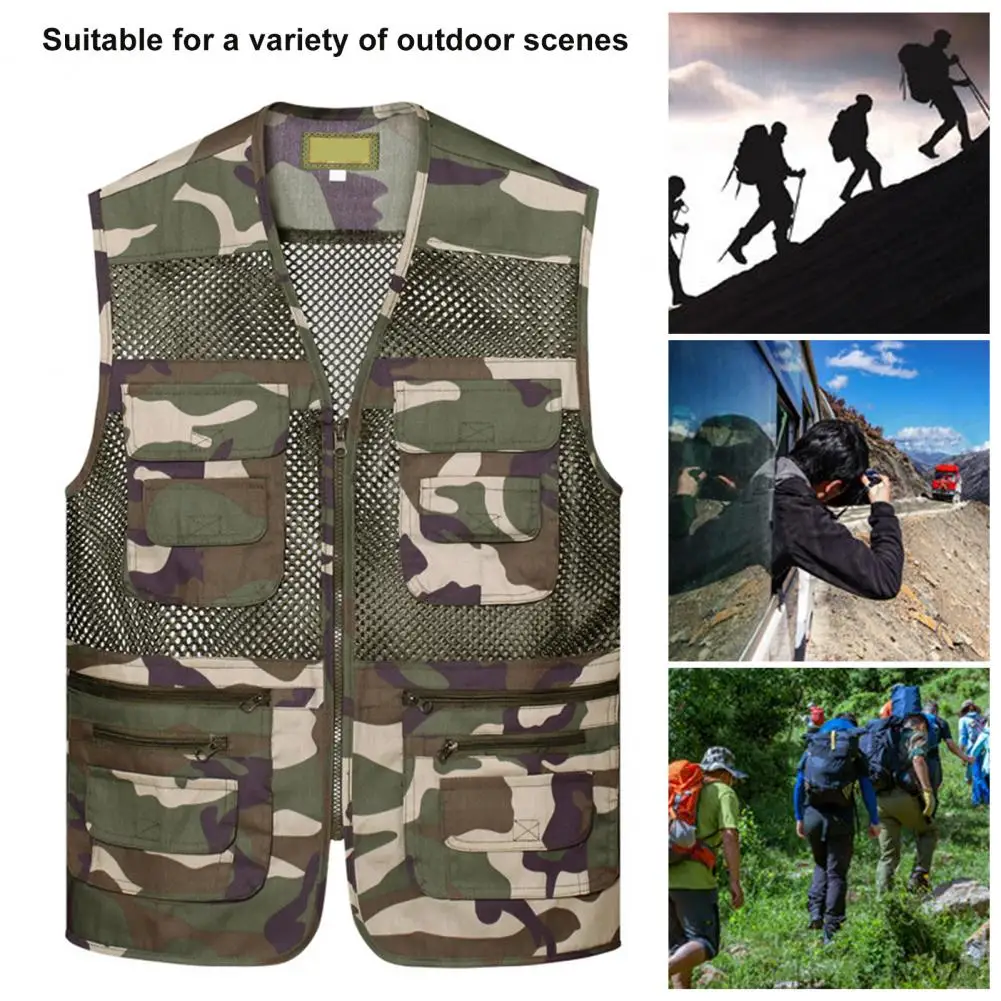 Multi Pockets Jacket Lightweight Mesh Outdoor Sports Vest for Summer Zipper Closure Waistcoat for Work Wear Camping Fishing Men
