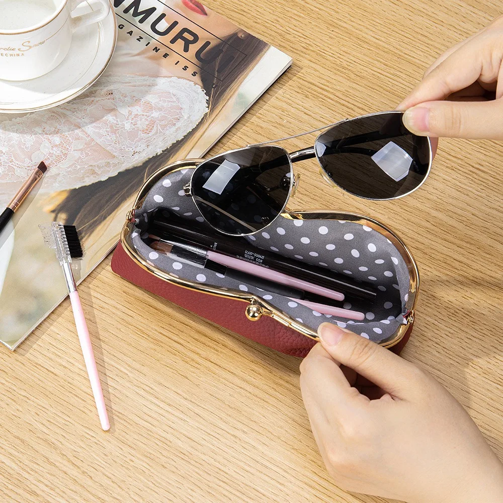 Genuine Leather Eyeglasses Case, Creative & Niche Portable Sunglasses Holder Sun Glasses & Eyebrow Pencils Storage Bag for Women