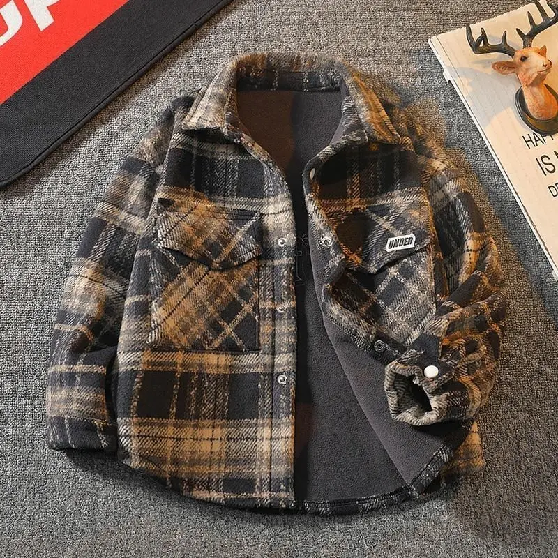 

Boys Stylish Shirts Jacket with Integrated Velvet Autumn and Winter Boys Jacket with Winter Plaid Shirt Thickened